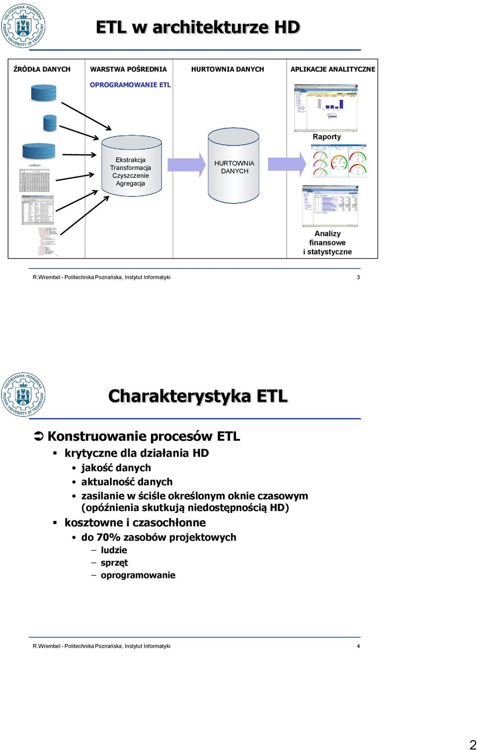 Konstruowanie procesów ETL krytyczne dla działania HD jakość danych aktualność danych zasilanie w ściśle określonym oknie