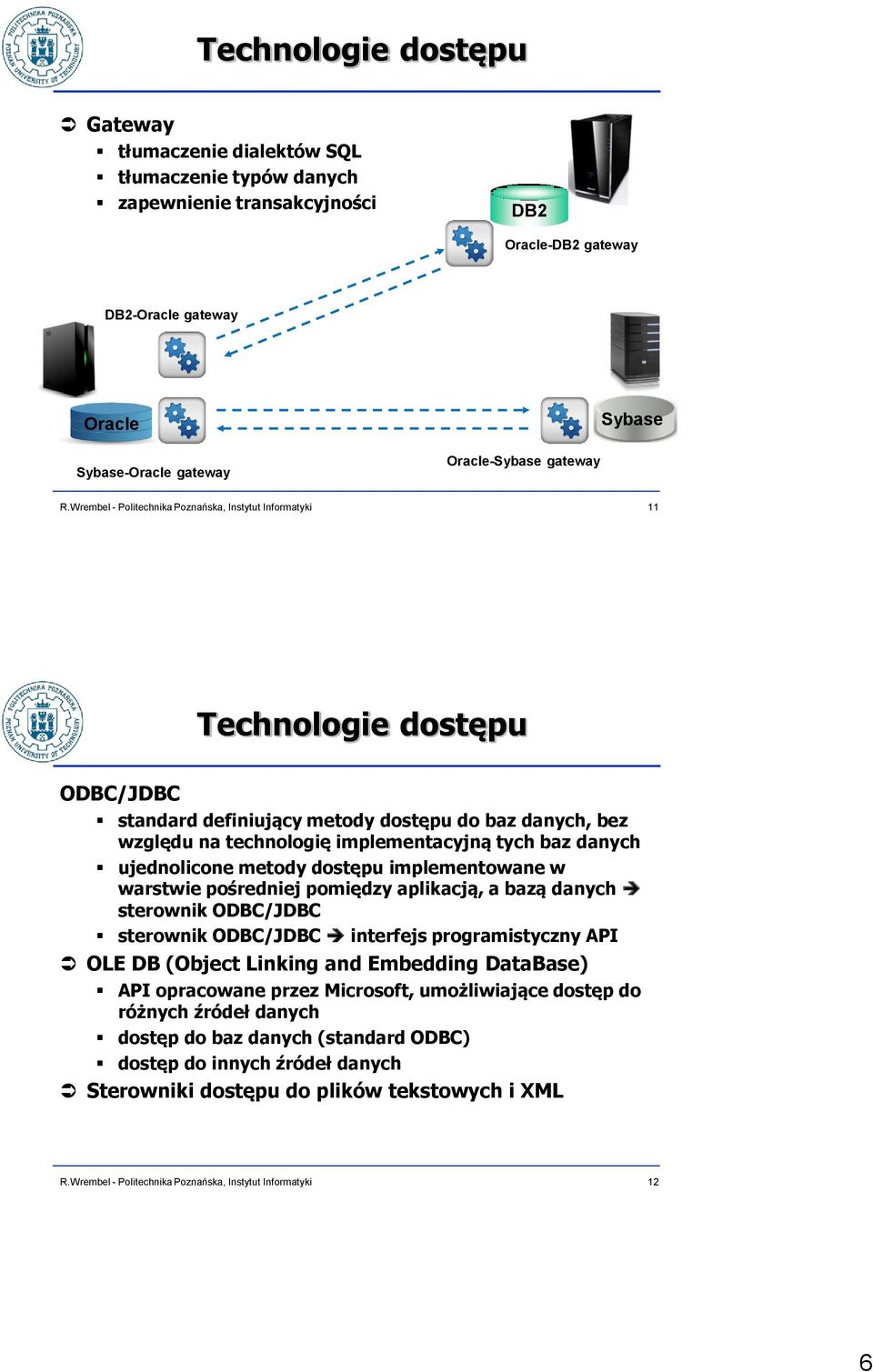 dostępu implementowane w warstwie pośredniej pomiędzy aplikacją, a bazą danych sterownik ODBC/JDBC sterownik ODBC/JDBC interfejs programistyczny API OLE DB (Object Linking and Embedding