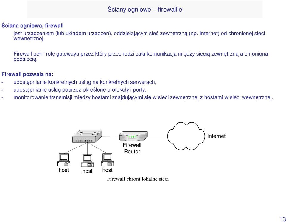 Firewall pełni rolę gatewaya przez który przechodzi cała komunikacja między siecią zewnętrzną a chroniona podsiecią.