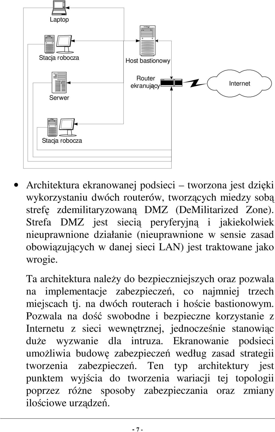 Strefa DMZ jest siecią peryferyjną i jakiekolwiek nieuprawnione działanie (nieuprawnione w sensie zasad obowiązujących w danej sieci LAN) jest traktowane jako wrogie.