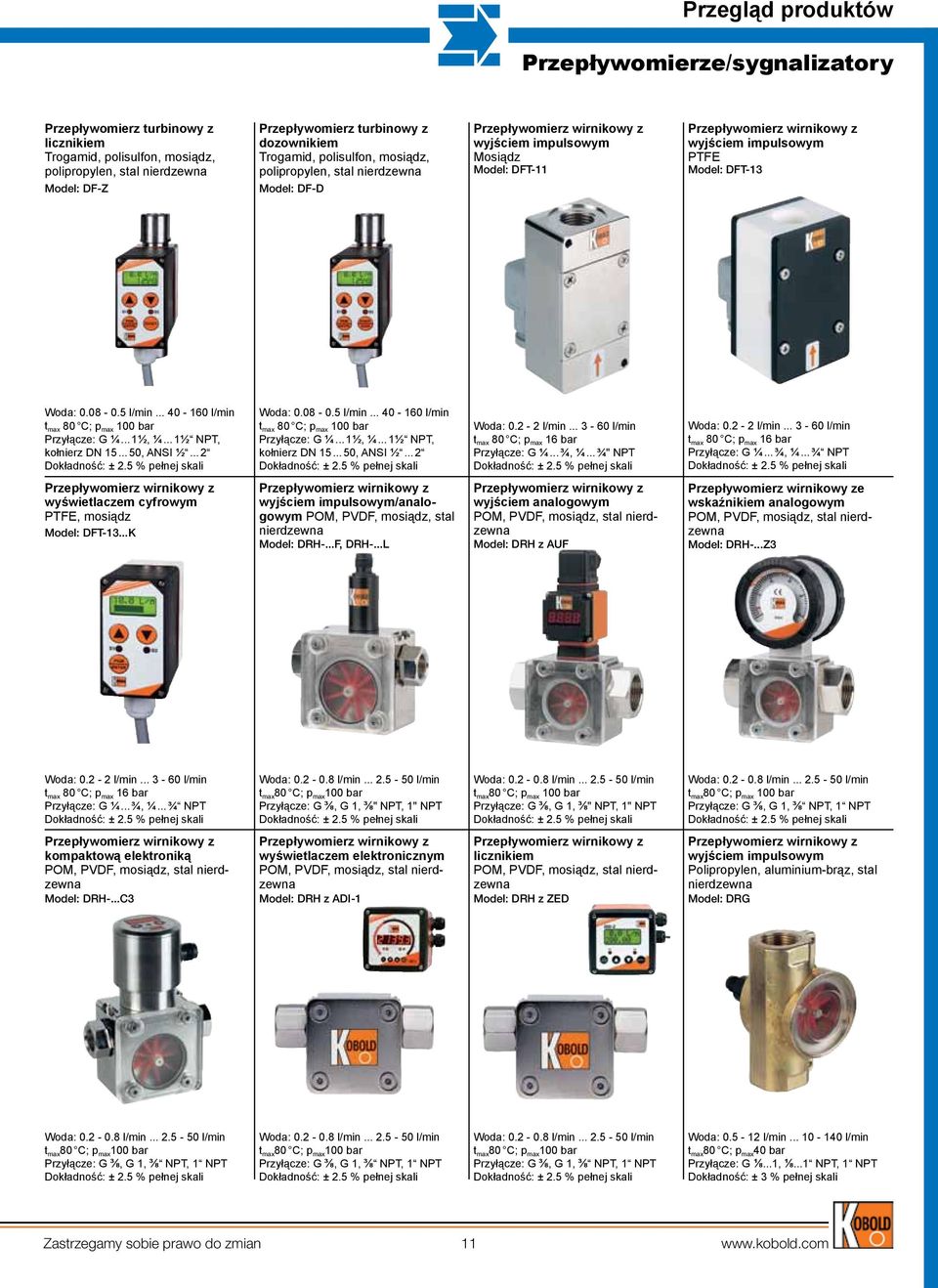 .. 1½, ¼... 1½ NPT, kołnierz DN 15... 50, ANSI ½... 2 Woda: 0.08-0.5 l/min... 40-160 l/min t max 80 C; p max 100 bar G ¼... 1½, ¼... 1½ NPT, kołnierz DN 15... 50, ANSI ½... 2 Woda: 0.2-2 l/min.