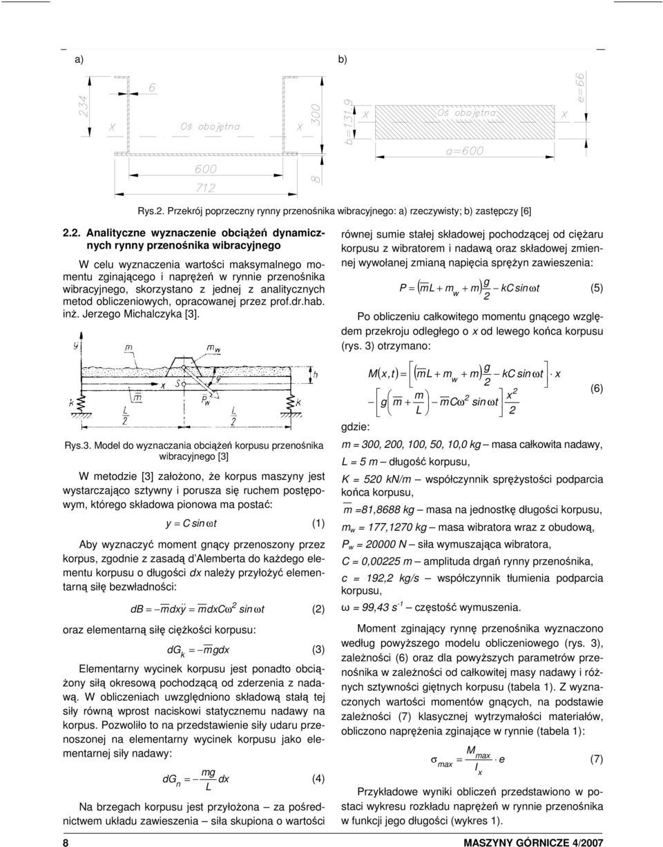 2. Analityczne wyznaczenie obciążeń dynamicznych rynny przenośnika wibracyjnego W celu wyznaczenia wartości maksymalnego momentu zginającego i naprężeń w rynnie przenośnika wibracyjnego, skorzystano