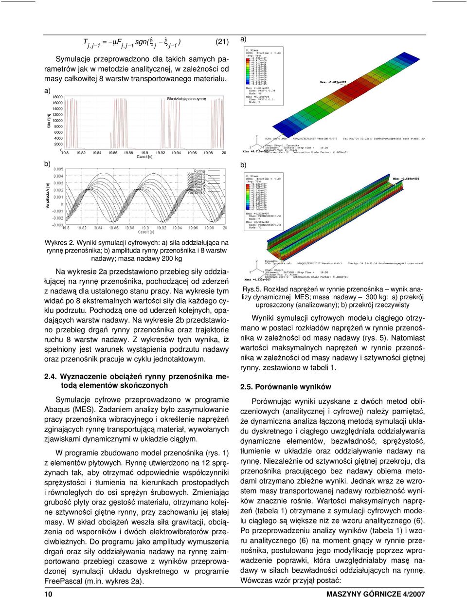 Wyniki symulacji cyfrowych: a) siła oddziałująca na rynnę przenośnika; b) amplituda rynny przenośnika i 8 warstw nadawy; masa nadawy 200 kg Na wykresie 2a przedstawiono przebieg siły oddziałującej na