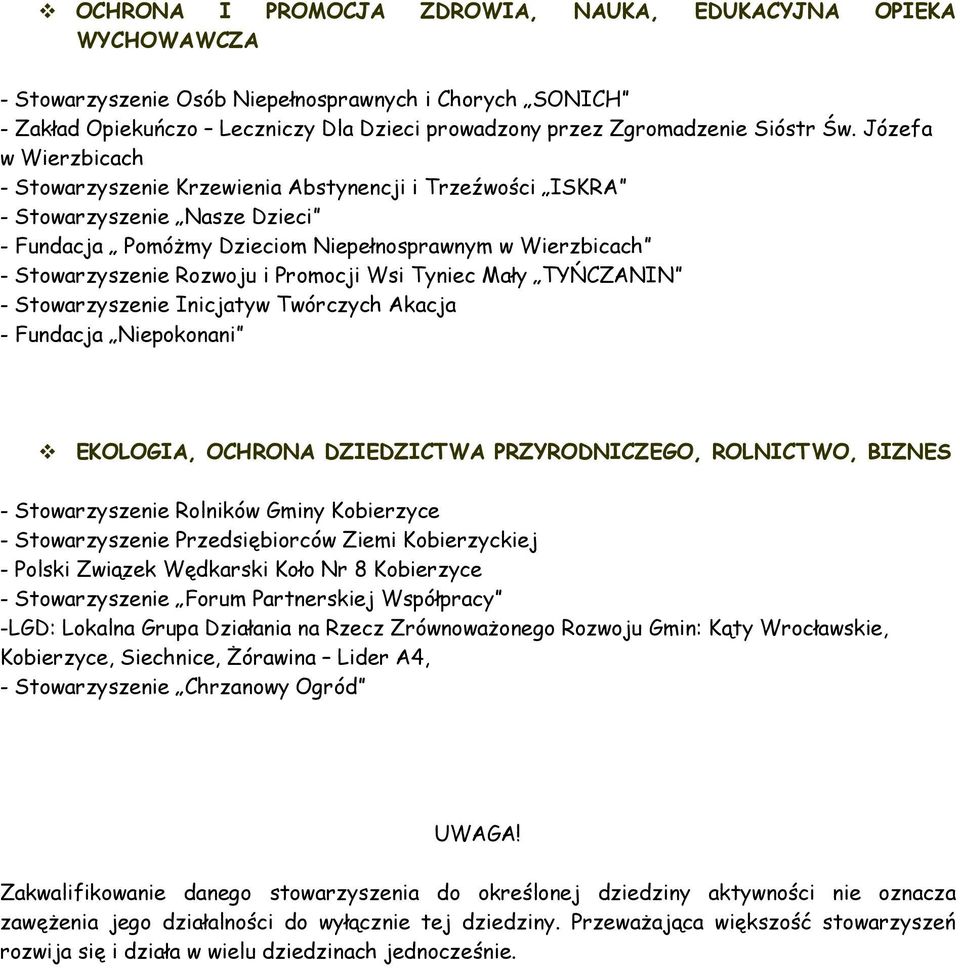 Promocji Wsi Tyniec Mały TYŃCZANIN - Stowarzyszenie Inicjatyw Twórczych Akacja - Fundacja Niepokonani EKOLOGIA, OCHRONA DZIEDZICTWA PRZYRODNICZEGO, ROLNICTWO, BIZNES - Stowarzyszenie Rolników Gminy