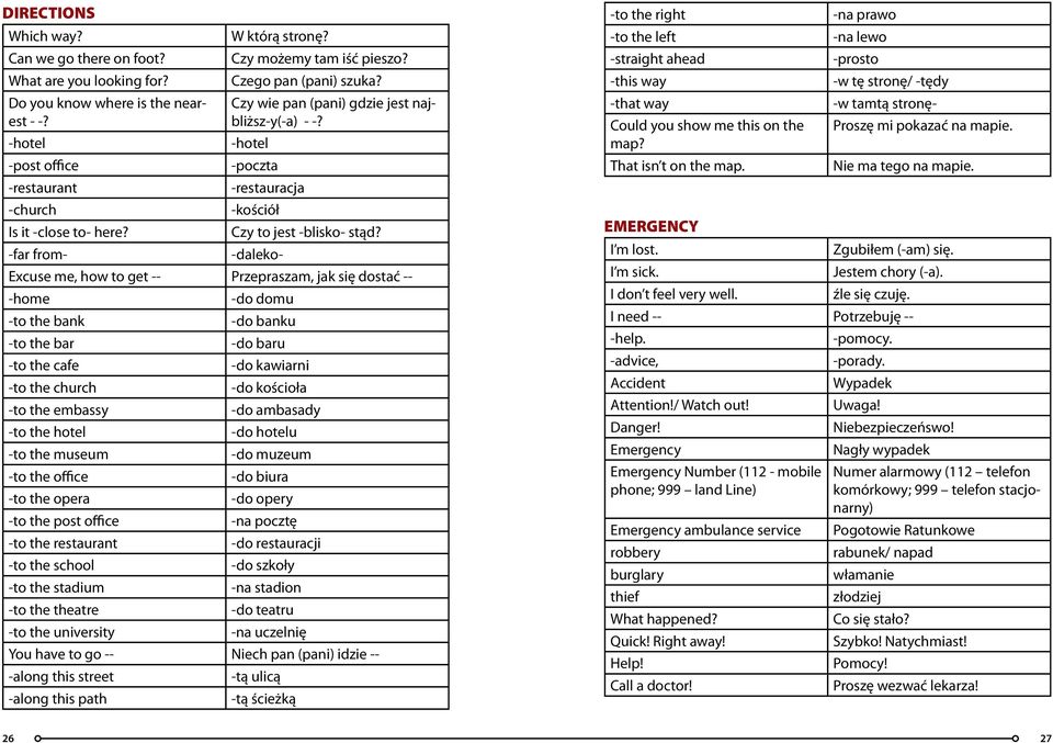 -daleko- Excuse me, how to get -- Przepraszam, jak się dostać -- -home -do domu -to the bank -do banku -to the bar -do baru -to the cafe -do kawiarni -to the church -do kościoła -to the embassy -do