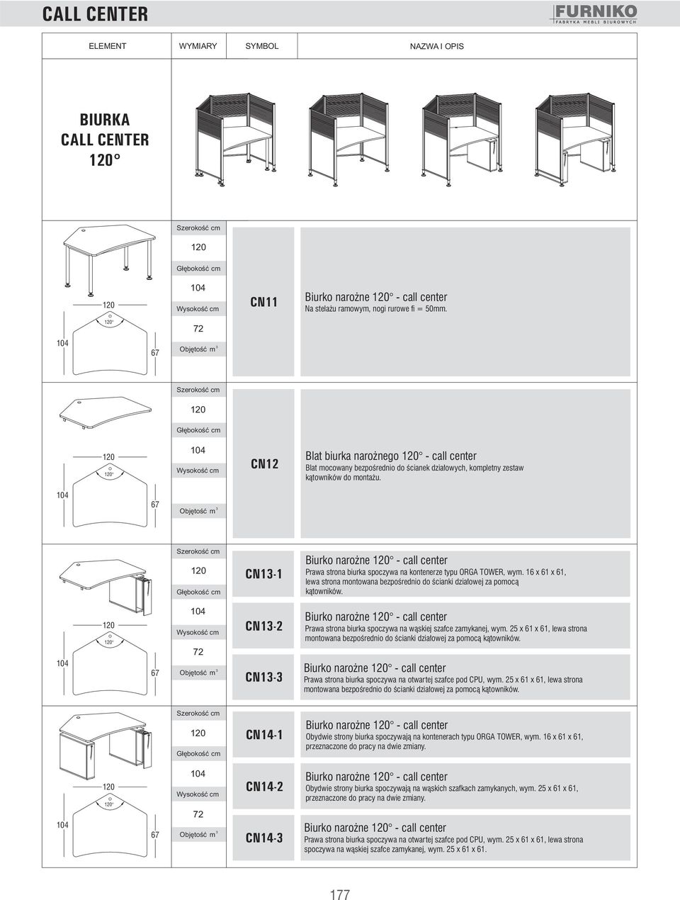 CN1-1 Biurko narożne - call center Prawa strona biurka spoczywa na kontenerze typu ORGA TOWER, wym. 16 x 61 x 61, lewa strona montowana bezpośrednio do ścianki działowej za pomocą kątowników.