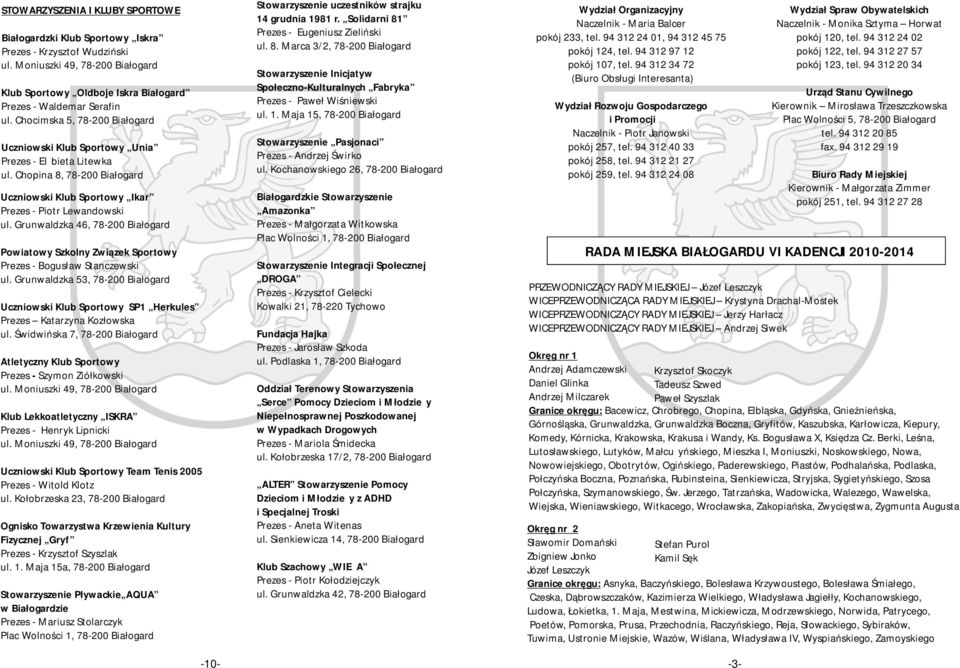 Grunwaldzka 46, Powiatowy Szkolny Związek Sportowy Prezes - Bogusław Stanczewski ul. Grunwaldzka 53, Uczniowski Klub Sportowy SP1 Herkules Prezes Katarzyna Kozłowska ul.