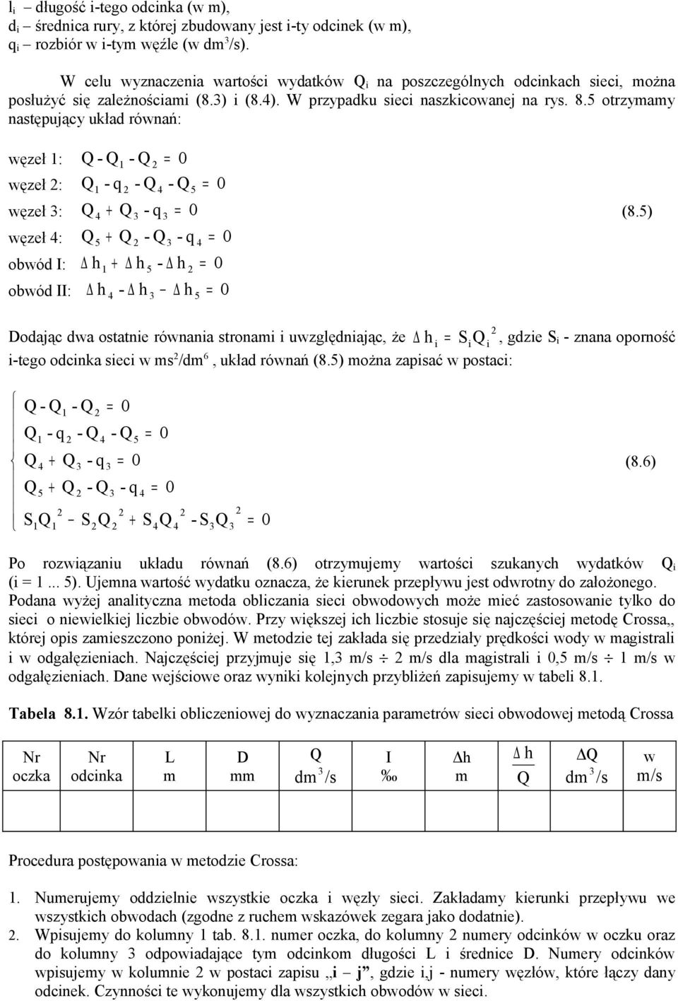 5 otrzymamy następujący układ równań: węzeł 1: - 1-0 węzeł : - q - - 0 1 5 - q 5 + - - q h1 + h 5 - h h - h h 5 węzeł : + 0 (8.