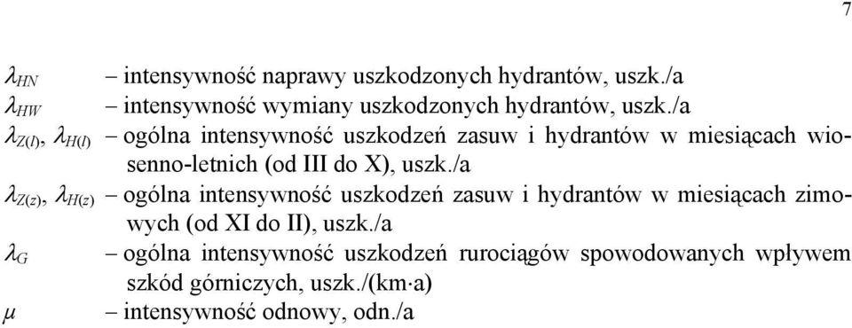 /a λ Z(z), λ H(z) ogólna intensywność uszkodzeń zasuw i hydrantów w miesiącach zimowych (od XI do II), uszk.
