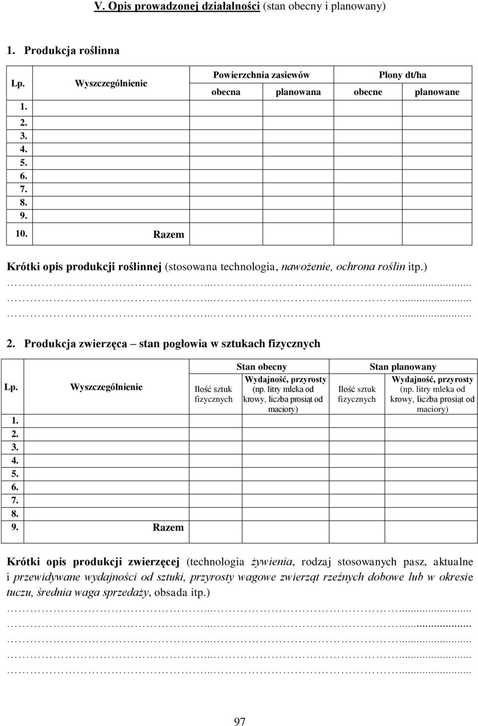 ................. Produkcja zwierzęca stan pogłowia w sztukach fizycznych 6. 7. 8. 9. Razem Ilość sztuk fizycznych Stan obecny Wydajność, przyrosty (np.