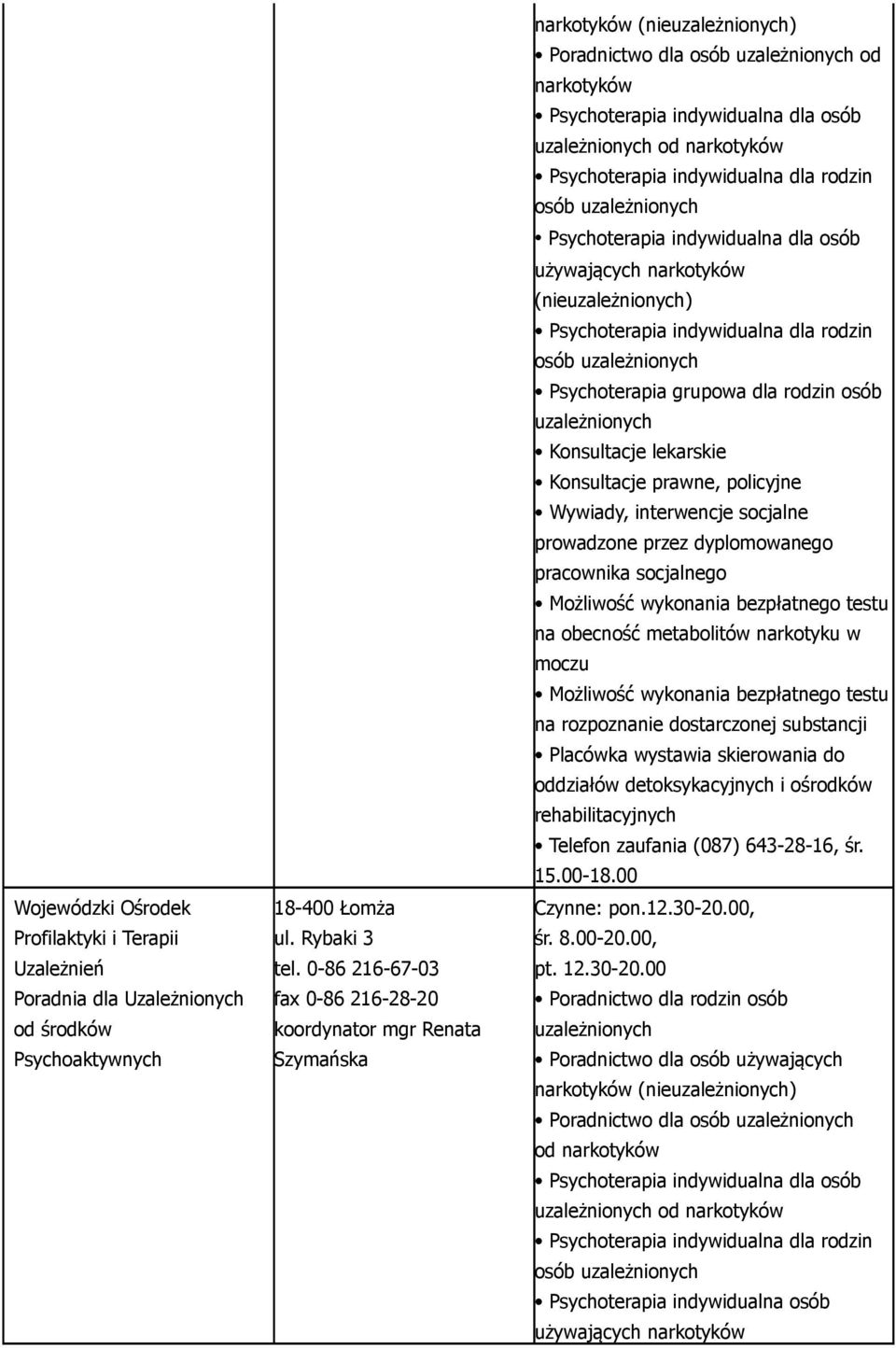 policyjne Wywiady, interwencje socjalne prowadzone przez dyplomowanego pracownika socjalnego Możliwość wykonania bezpłatnego testu na obecność metabolitów narkotyku w moczu Możliwość wykonania