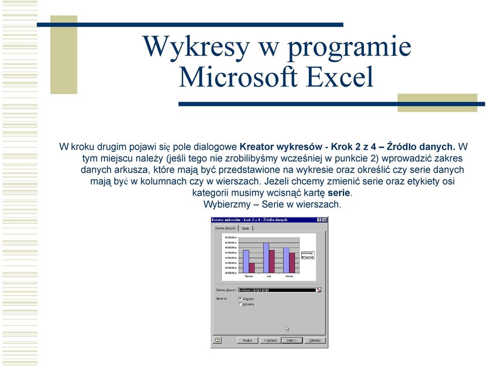 arkusza, które mają być przedstawione na wykresie oraz określić czy serie danych mają być w kolumnach