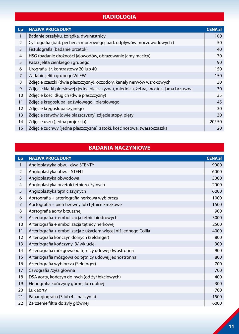 kontrastowy 20 lub 40 150 7 Zadanie jelita grubego WLEW 150 8 Zdjęcie czaszki (dwie płaszczyzny), oczodoły, kanały nerwów wzrokowych 30 9 Zdjęcie klatki piersiowej (jedna płaszczyzna), miednica,