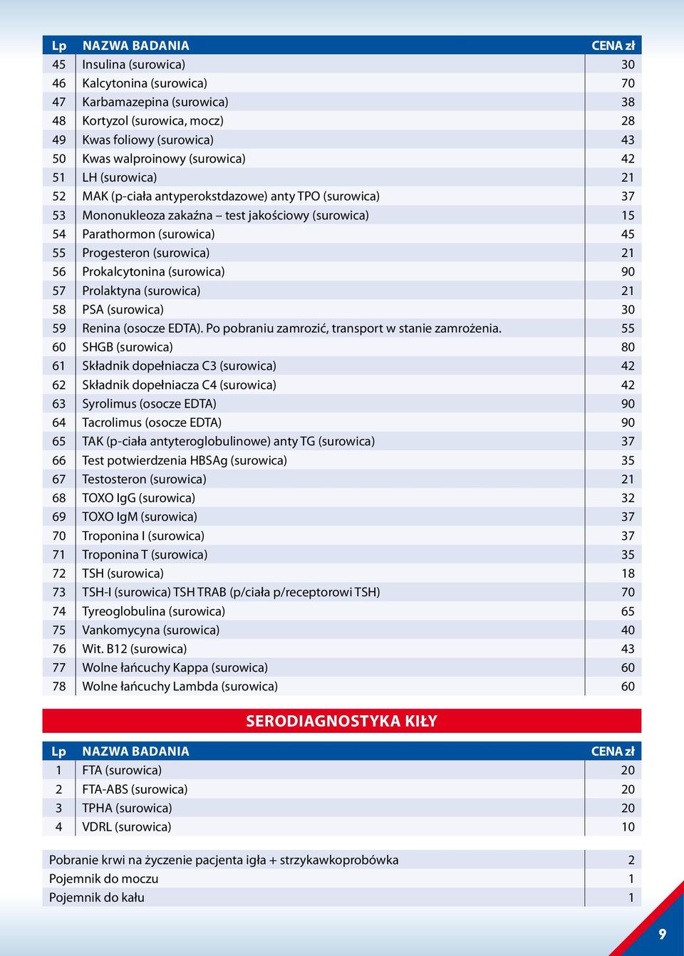 (surowica) 21 56 Prokalcytonina (surowica) 90 57 Prolaktyna (surowica) 21 58 PSA (surowica) 30 59 Renina (osocze EDTA). Po pobraniu zamrozić, transport w stanie zamrożenia.