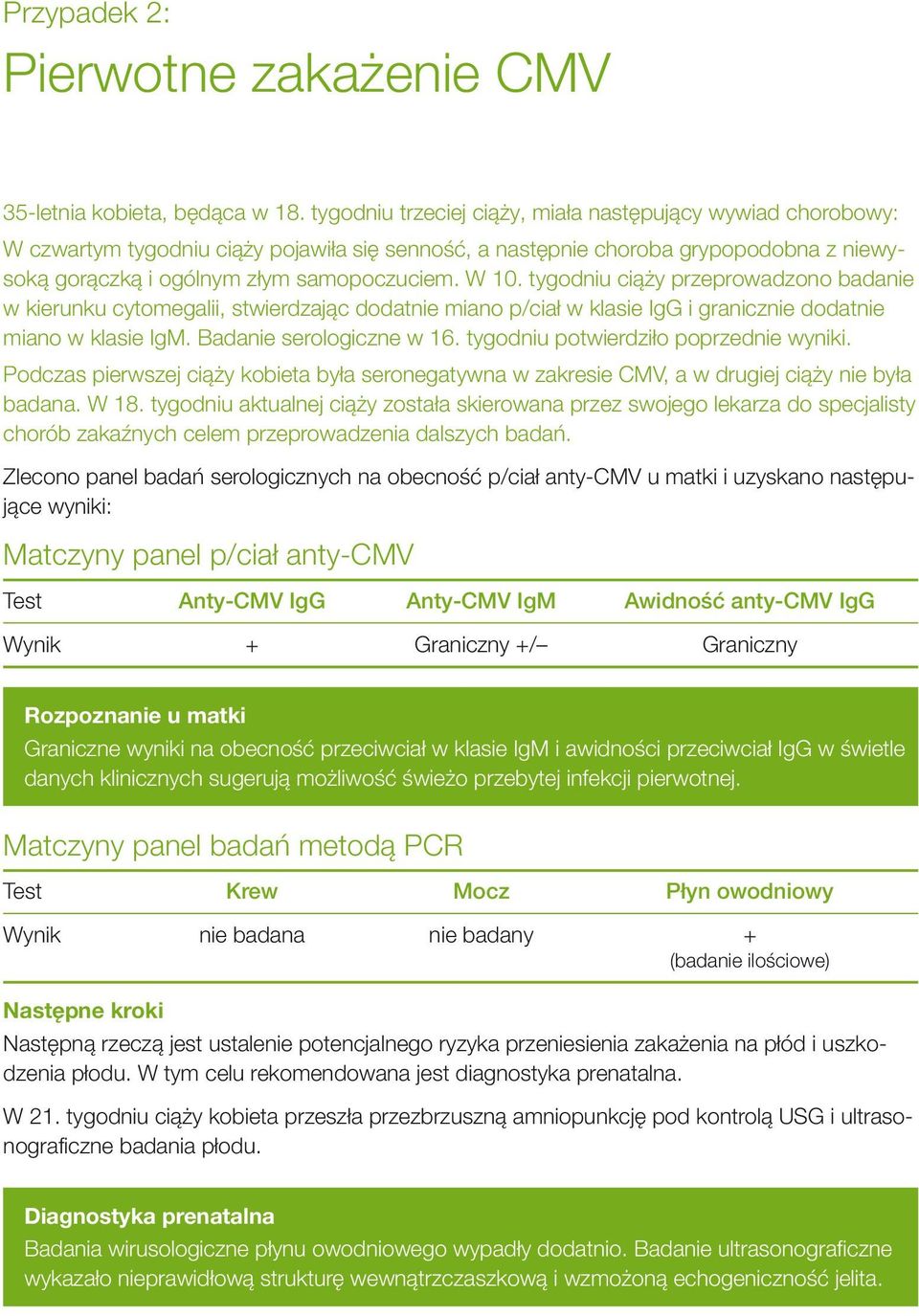 tygodniu ciąży przeprowadzono badanie w kierunku cytomegalii, stwierdzając dodatnie miano p/ciał w klasie IgG i granicznie dodatnie miano w klasie IgM. Badanie serologiczne w 16.