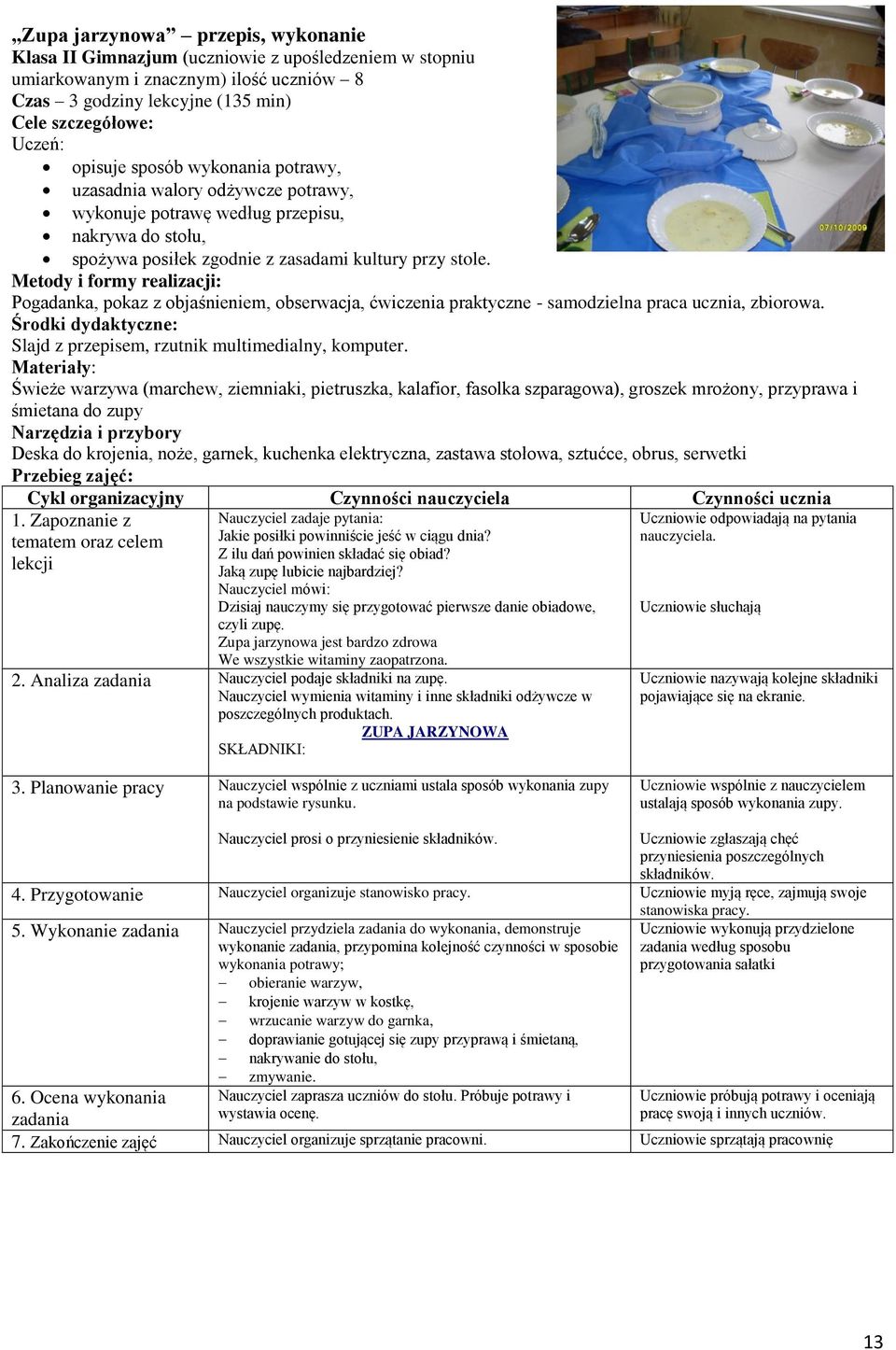 Metody i formy realizacji: Pogadanka, pokaz z objaśnieniem, obserwacja, ćwiczenia praktyczne - samodzielna praca ucznia, zbiorowa.