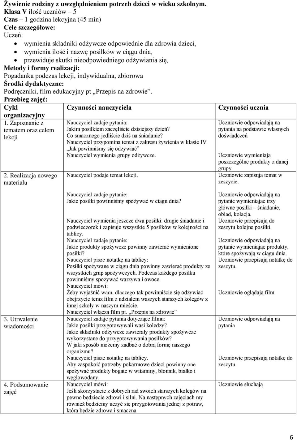 skutki nieodpowiedniego odżywiania się, Metody i formy realizacji: Pogadanka podczas lekcji, indywidualna, zbiorowa Środki dydaktyczne: Podręczniki, film edukacyjny pt Przepis na zdrowie.