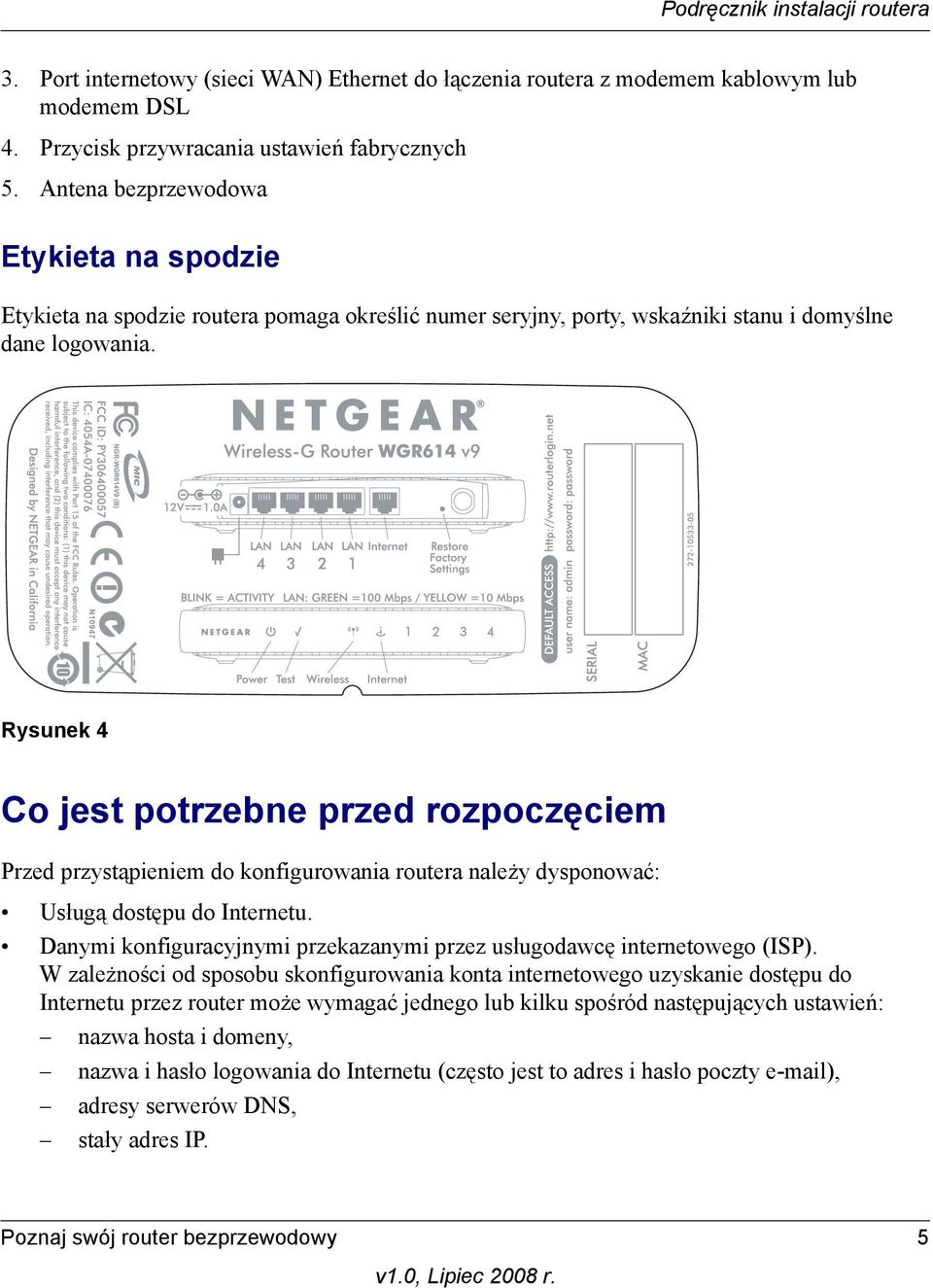 Rysunek 4 Co jest potrzebne przed rozpoczęciem Przed przystąpieniem do konfigurowania routera należy dysponować: Usługą dostępu do Internetu.