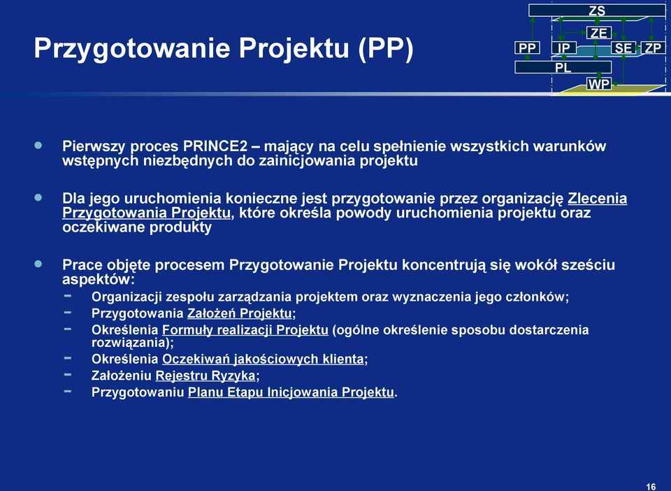 Przygotowanie Projektu koncentrują się wokół sześciu aspektów: Organizacji zespołu zarządzania projektem oraz wyznaczenia jego członków; Przygotowania Założeń Projektu; Określenia