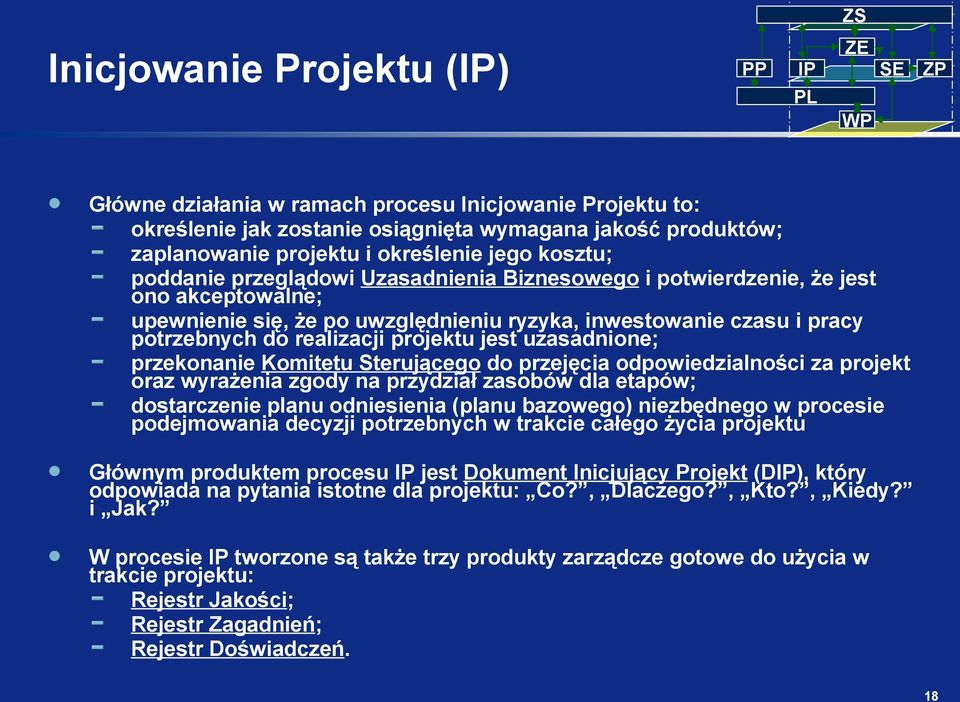 realizacji projektu jest uzasadnione; przekonanie Komitetu Sterującego do przejęcia odpowiedzialności za projekt oraz wyrażenia zgody na przydział zasobów dla etapów; dostarczenie planu odniesienia