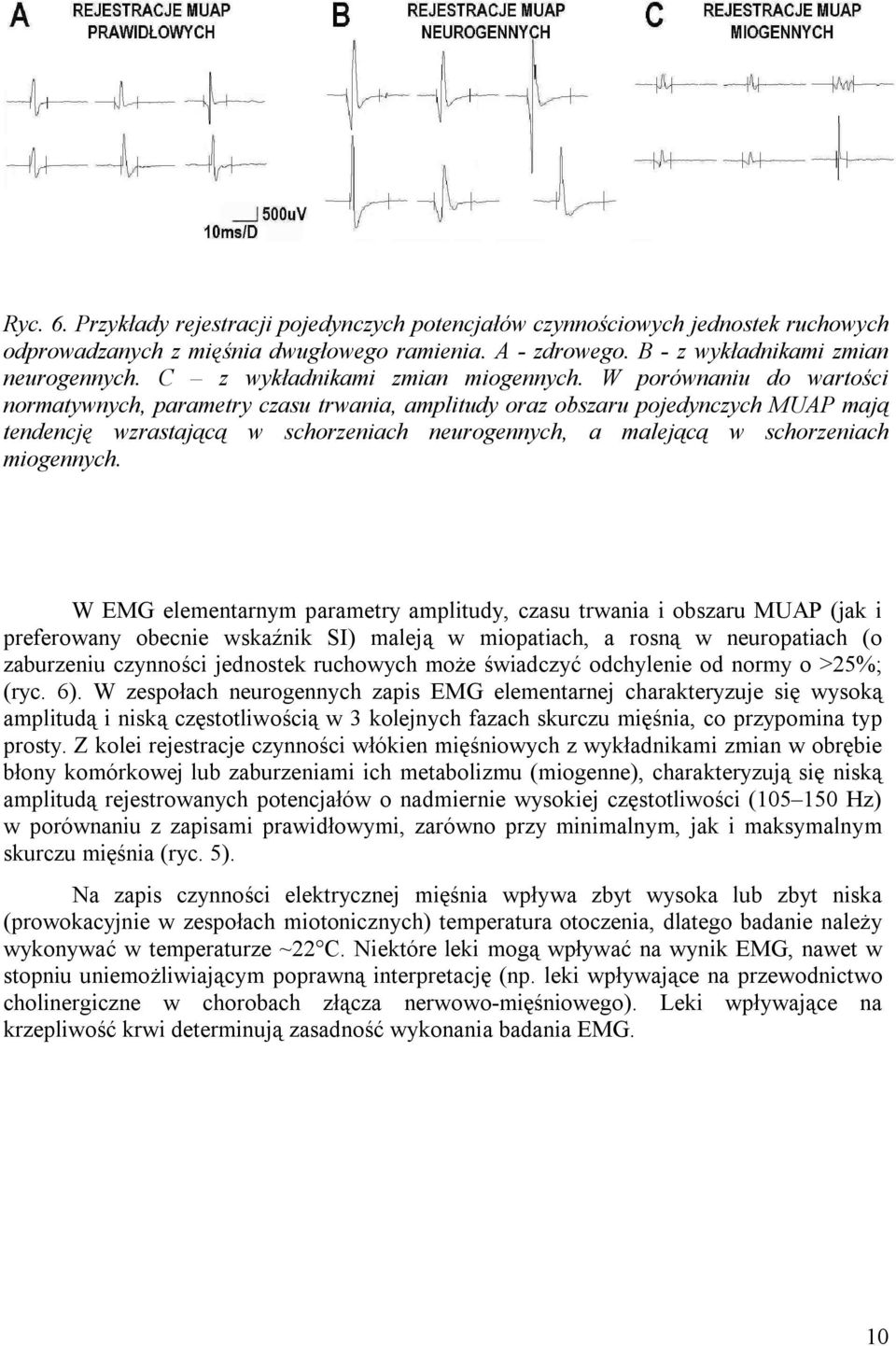 W porównaniu do wartości normatywnych, parametry czasu trwania, amplitudy oraz obszaru pojedynczych MUAP mają tendencję wzrastającą w schorzeniach neurogennych, a malejącą w schorzeniach miogennych.