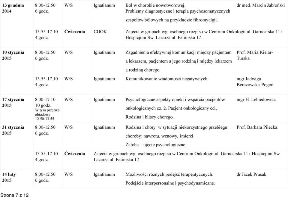 10 stycznia W/S Ignatianum Zagadnienia efektywnej komunikacji między pacjentem a lekarzem, pacjentem a jego rodziną i między lekarzem a rodziną chorego. Prof.