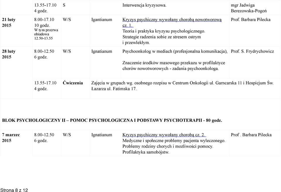 W/S Ignatianum Psychoonkolog w mediach (profesjonalna komunikacja), Znaczenie środków masowego przekazu w profilaktyce chorów nowotworowych - zadania psychoonkologa. Prof. Barbara Pilecka Prof. S.