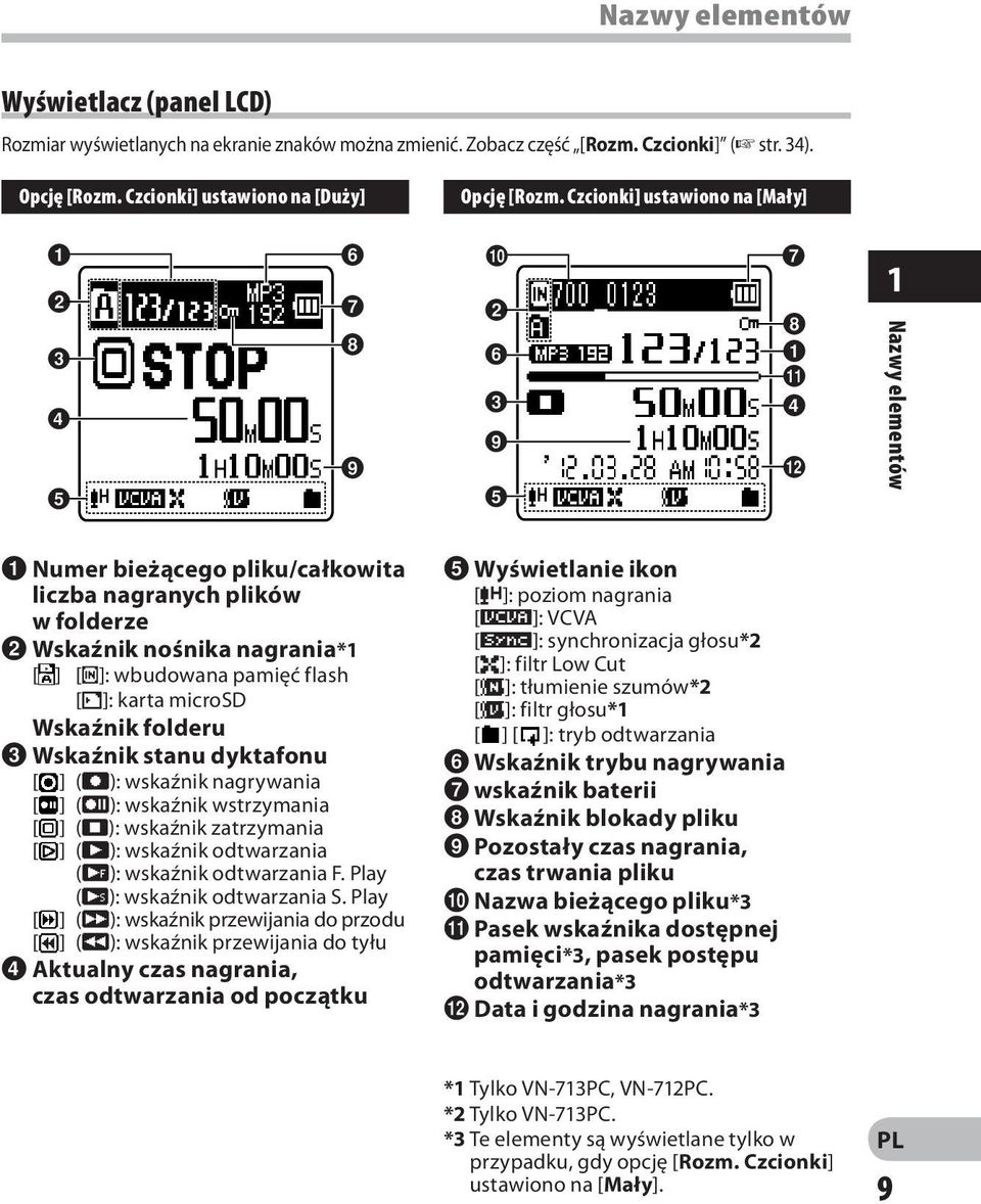 3 4 9 @ 5 1 Nazwy elementów 1 Numer bieżącego pliku/całkowita liczba nagranych plików w folderze 2 Wskaźnik nośnika nagrania*1 [ ] [l]: wbudowana pamięć flash [m]: karta microsd Wskaźnik folderu 3