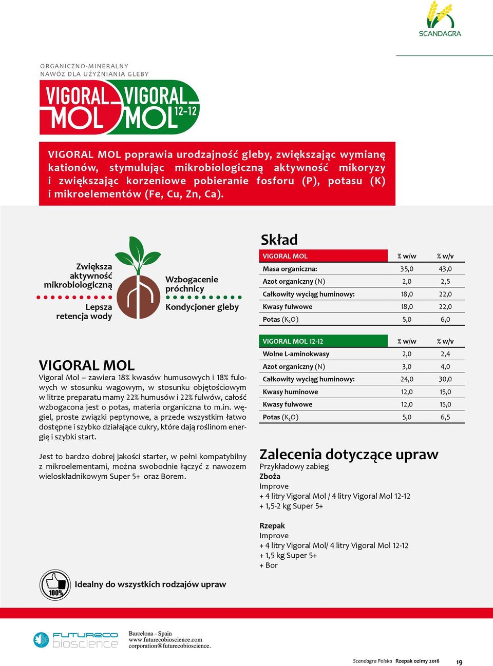 Zwiększa aktywność mikrobiologiczną Lepsza retencja wody Wzbogacenie próchnicy Kondycjoner gleby Skład VIGORAL MOL % w/w % w/v Masa organiczna: 35,0 43,0 Azot organiczny (N) 2,0 2,5 Całkowity wyciąg