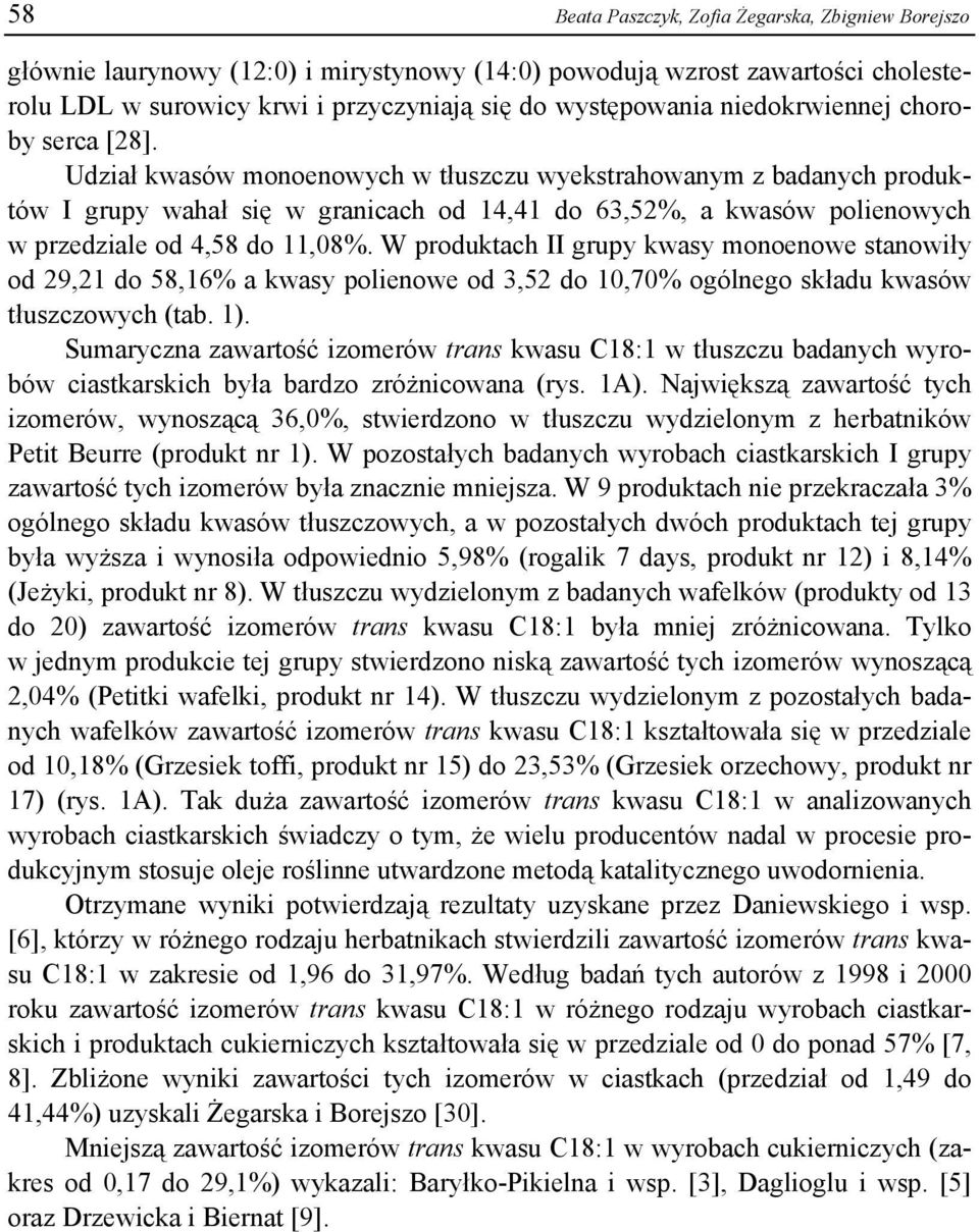 Udział kwasów monoenowych w tłuszczu wyekstrahowanym z badanych produktów grupy wahał się w granicach od 14,41 do 63,52%, a kwasów polienowych w przedziale od 4,58 do 11,08%.