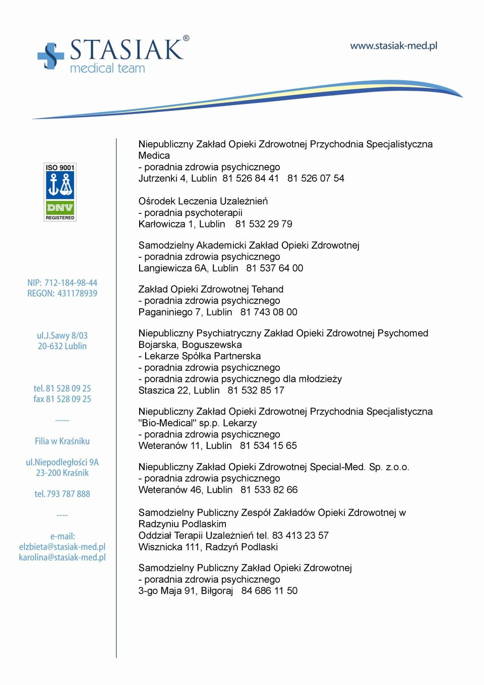 Zdrowotnej Psychomed Bojarska, Boguszewska - Lekarze Spółka Partnerska dla młodzieży Staszica 22, Lublin 81 532 85 17 Niepubliczny Zakład Opieki Zdrowotnej Przychodnia Specjalistyczna "Bio-Medical"