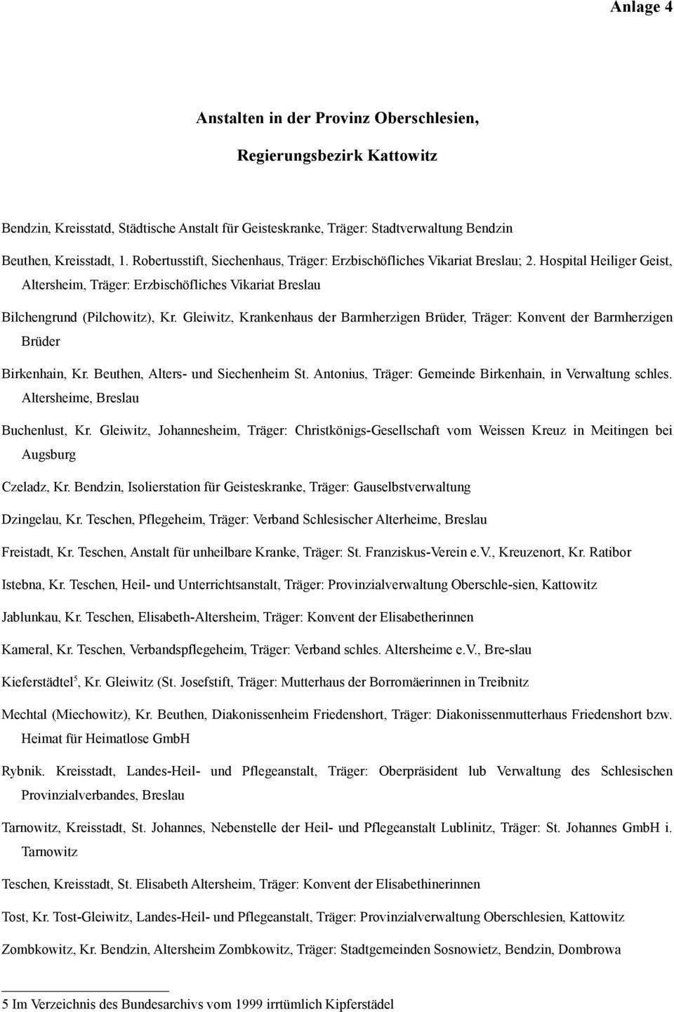 Gleiwitz, Krankenhaus der Barmherzigen Brüder, Träger: Konvent der Barmherzigen Brüder Birkenhain, Kr. Beuthen, Alters- und Siechenheim St. Antonius, Träger: Gemeinde Birkenhain, in Verwaltung schles.