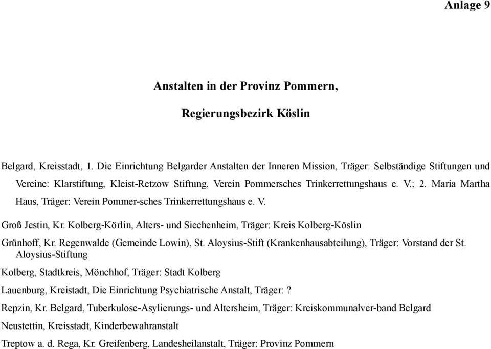 Maria Martha Haus, Träger: Verein Pommer-sches Trinkerrettungshaus e. V. Groß Jestin, Kr. Kolberg-Körlin, Alters- und Siechenheim, Träger: Kreis Kolberg-Köslin Grünhoff, Kr.