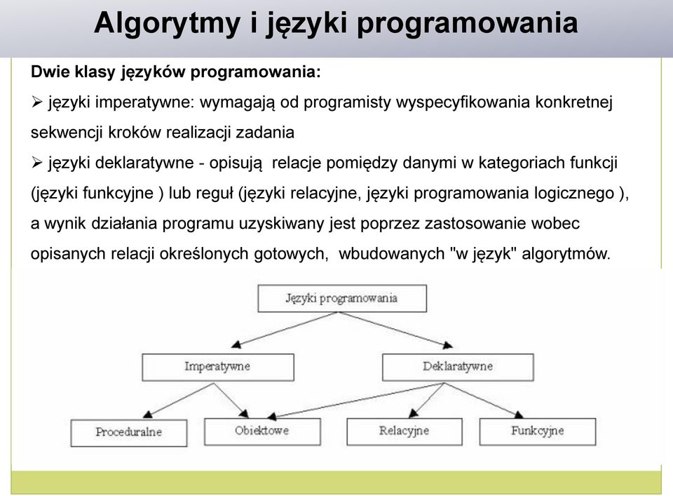 kategoriach funkcji (języki funkcyjne ) lub reguł (języki relacyjne, języki programowania logicznego ), a wynik