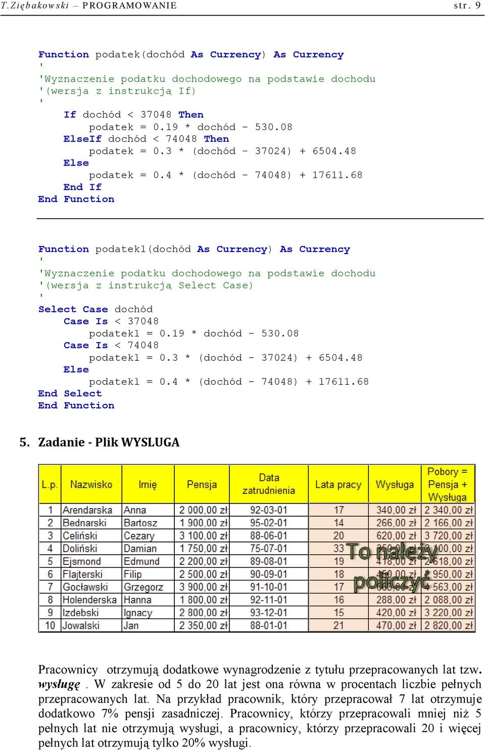 68 End If End Function Function podatek1(dochód As Currency) As Currency Wyznaczenie podatku dochodowego na podstawie dochodu (wersja z instrukcją Select Case) Select Case dochód Case Is < 37048