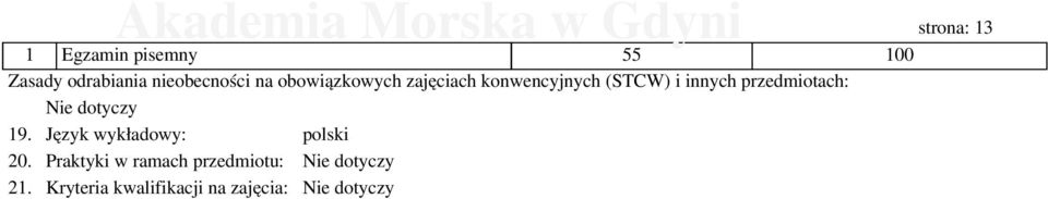 innych przedmiotach: Nie dotyczy 19. Język wykładowy: polski 20.