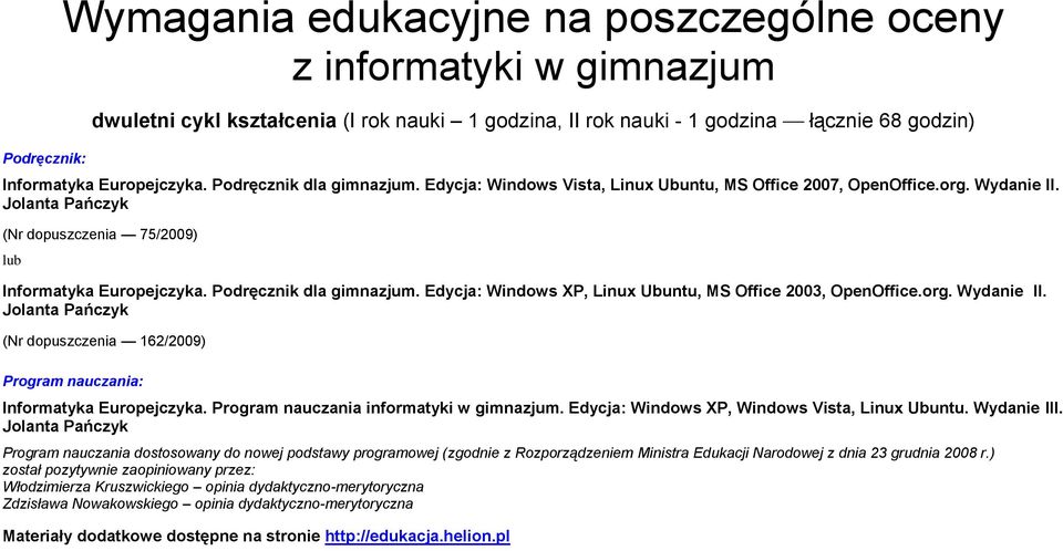 Podręcznik dla gimnazjum. Edycja: Windows XP, Linux Ubuntu, MS Office 2003, OpenOffice.org. Wydanie II. Jolanta Pańczyk (Nr dopuszczenia 62/2009) Program nauczania: Informatyka Europejczyka.