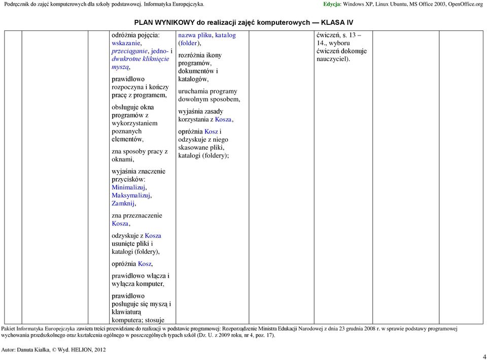 usunięte pliki i katalogi (foldery), opróżnia Kosz, prawidłowo włącza i wyłącza komputer, nazwa pliku, katalog (folder), rozróżnia ikony programów, dokumentów i katalogów, uruchamia programy dowolnym