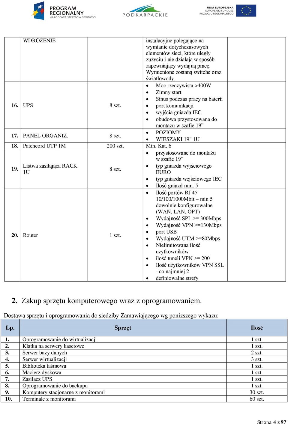 Patchcord UTP 1M 200 szt. Min. Kat. 6 przystosowane do montażu 19. Listwa zasilająca RACK 1U 8 szt. 20. Router 1 szt.