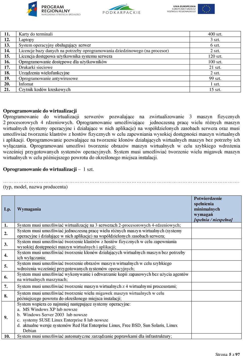 Oprogramowanie antywirusowe 99 szt. 20. Infomat 1 szt. 21. Czytnik kodów kreskowych 15 szt.