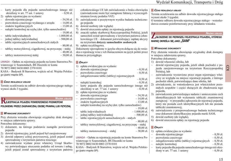 tylko samochodów) 19,00 zł. tablic indywidualnych 1.000,00 zł. jednej tablicy indywidualnej 500,00 zł. tablic rejestracyjnych samochodowych stałych 80,00 zł.