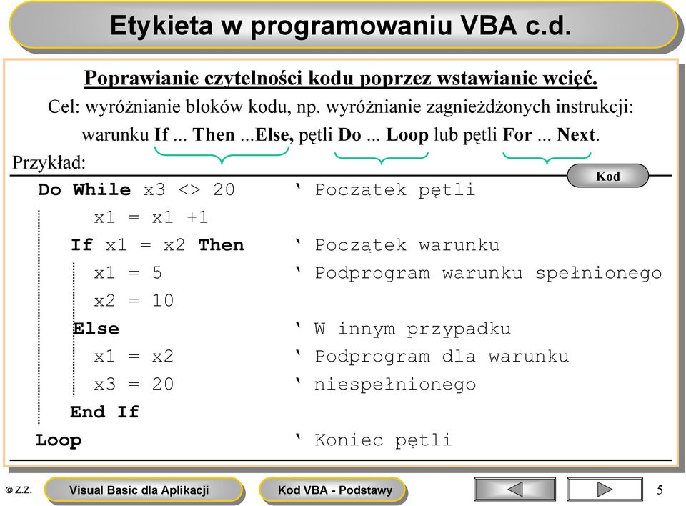 Przykład: Do Do While x3 x3 <> <> 20 20 Początek pętli x1 x1 = x1 x1 +1 +1 If If x1 x1 = x2 x2 Then Początek warunku x1 x1 = 5 Podprogram