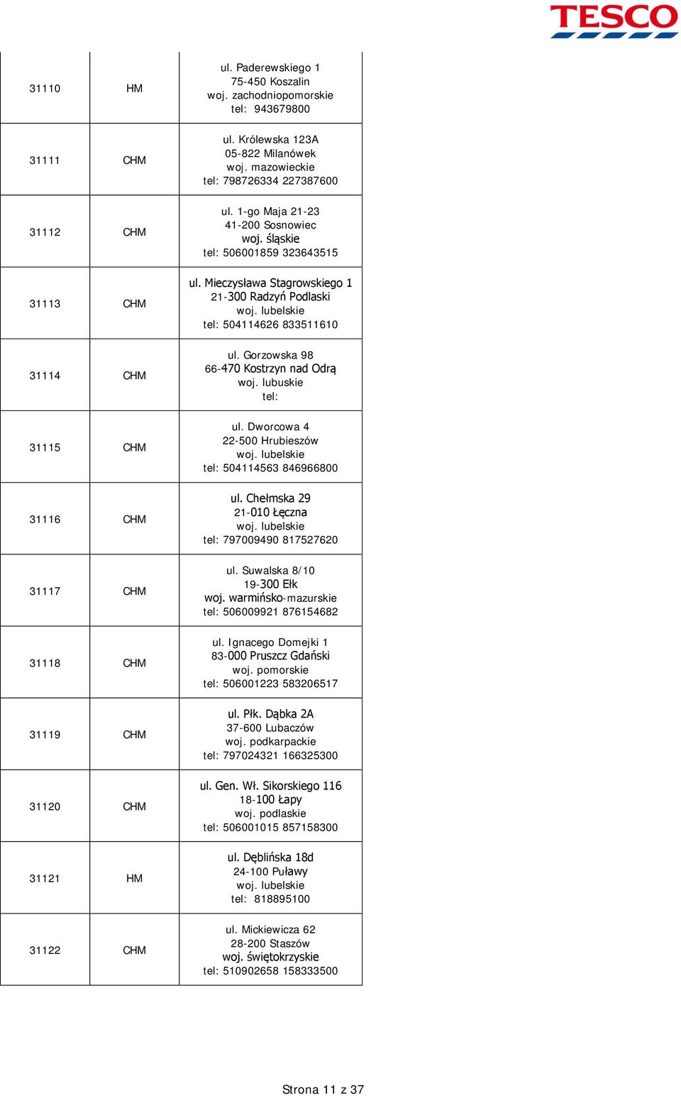 Mieczysława Stagrowskiego 1 21-300 Radzyń Podlaski tel: 504114626 833511610 ul. Gorzowska 98 66-470 Kostrzyn nad Odrą woj. lubuskie tel: ul. Dworcowa 4 22-500 Hrubieszów tel: 504114563 846966800 ul.