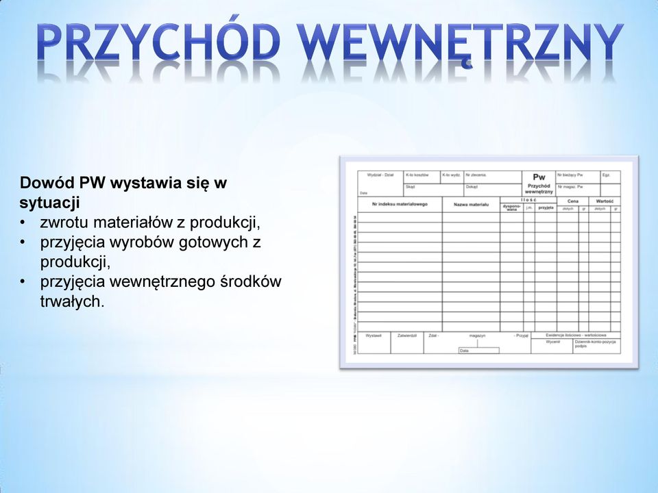 przyjęcia wyrobów gotowych z