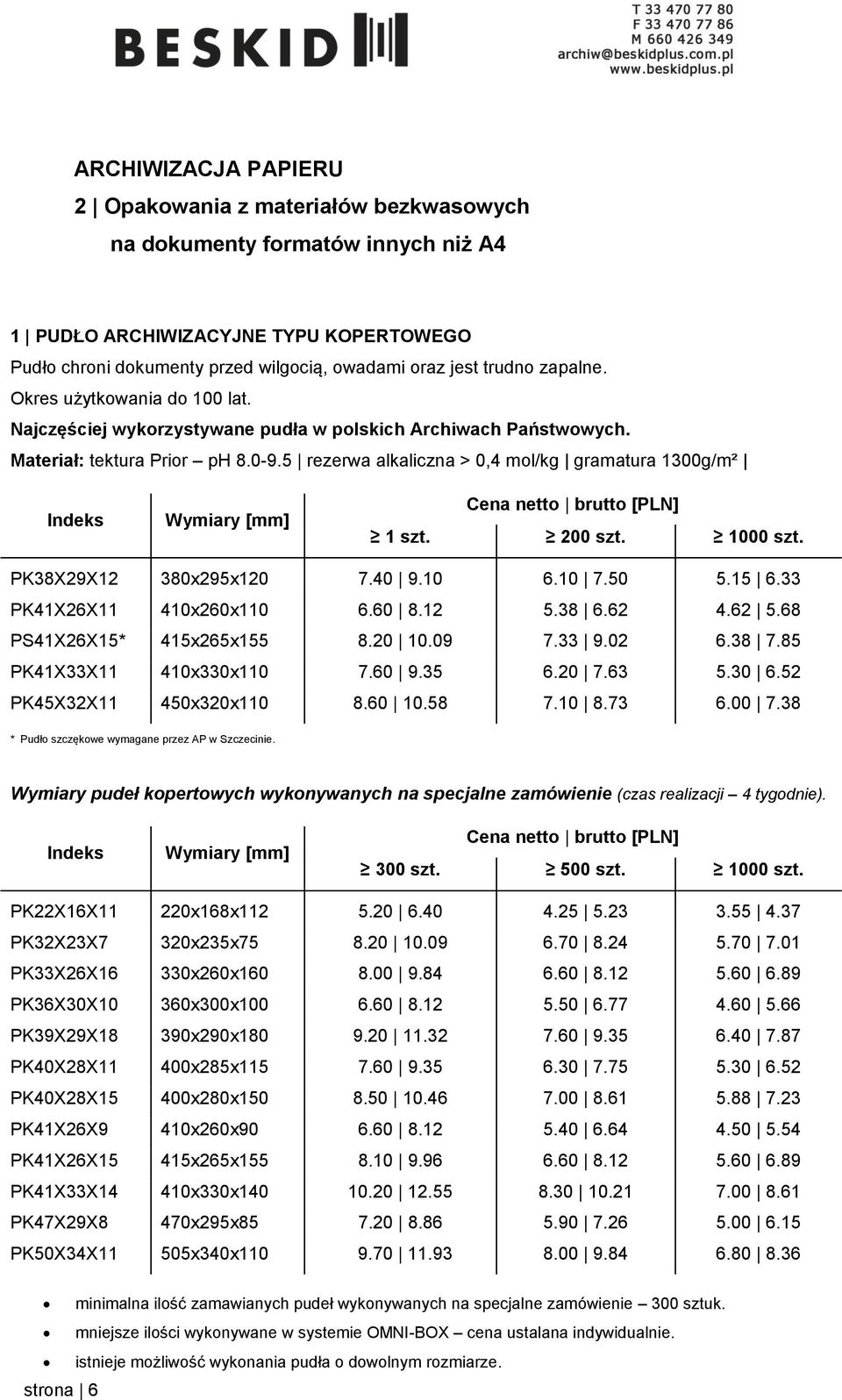 1000 szt. PK38X29X12 380x295x120 7.40 9.10 6.10 7.50 5.15 6.33 PK41X26X11 410x260x110 6.60 8.12 5.38 6.62 4.62 5.68 PS41X26X15* 415x265x155 8.20 10.09 7.33 9.02 6.38 7.85 PK41X33X11 410x330x110 7.