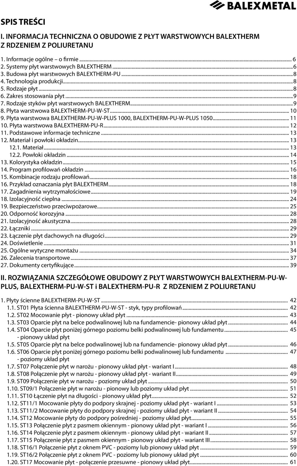 Płyta warstwowa BALEXTHERM-PU-W-ST... 10 9. Płyta warstwowa BALEXTHERM-PU-W-PLUS 1000, BALEXTHERM-PU-W-PLUS 1050... 11 10. Płyta warstwowa BALEXTHERM-PU-R... 12 11. Podstawowe informacje techniczne.