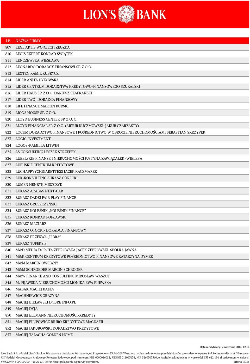 KUCZMOWSKI, JAKUB CZARZASTY) 822 LOCUM DORADZTWO FINANSOWE I POŚREDNICTWO W OBROCIE NIERUCHOMOŚCIAMI SEBASTIAN SKRZYPEK 823 LOGIC INVESTMENT 824 LOGOS-KAMILLA LITWIN 825 LS CONSULTING LESZEK STRZĘPEK