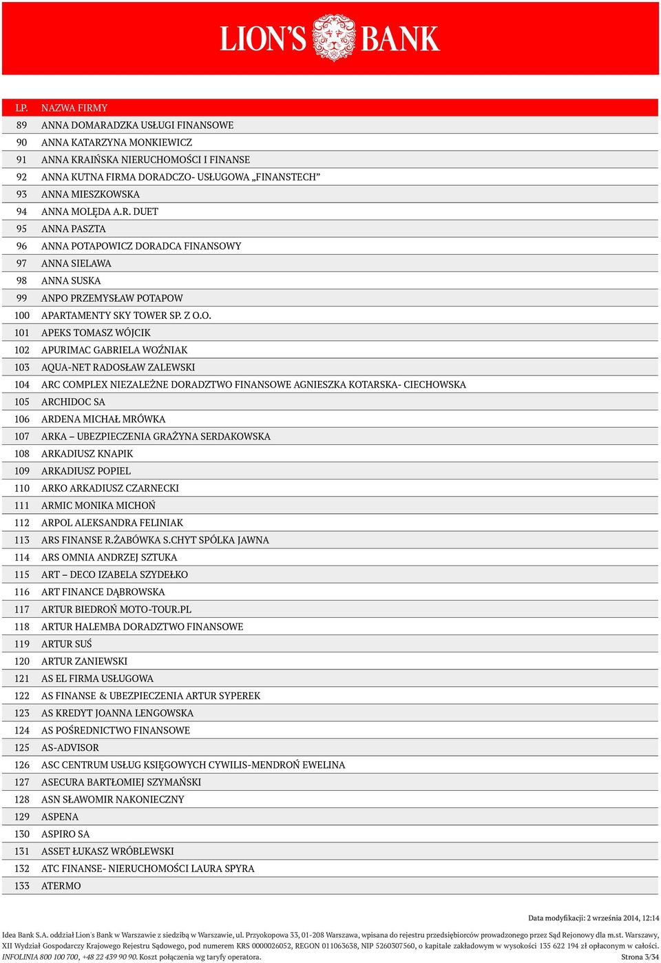 MICHAŁ MRÓWKA 107 ARKA UBEZPIECZENIA GRAŻYNA SERDAKOWSKA 108 ARKADIUSZ KNAPIK 109 ARKADIUSZ POPIEL 110 ARKO ARKADIUSZ CZARNECKI 111 ARMIC MONIKA MICHOŃ 112 ARPOL ALEKSANDRA FELINIAK 113 ARS FINANSE R.