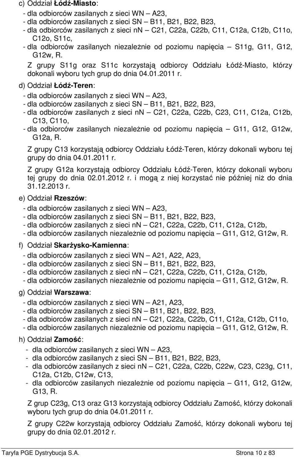 Z grupy S11g oraz S11c korzystają odbiorcy Oddziału Łódź-Miasto, którzy dokonali wyboru tych grup do dnia 04.01.2011 r.