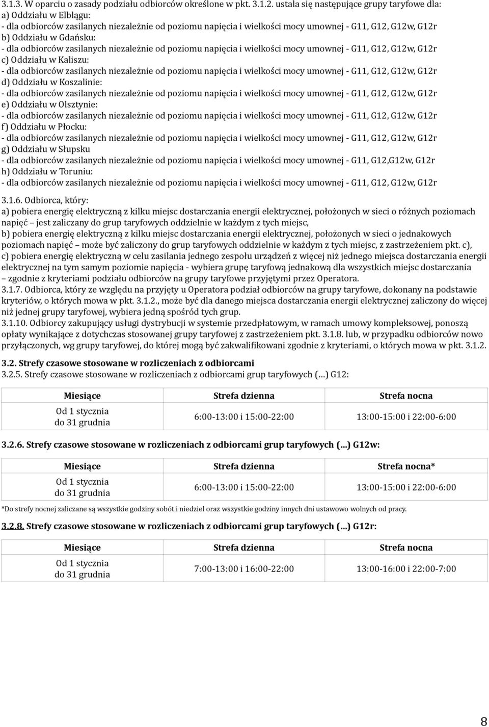 dla odbiorców zasilanych niezależnie od poziomu napięcia i wielkości mocy umownej - G11, G12, G12w, G12r c) Oddziału w Kaliszu: - dla odbiorców zasilanych niezależnie od poziomu napięcia i wielkości